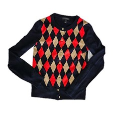 J Crew Women's Sz XS Button Up Cardigan Argyle Navy Red 100 Merino Wool