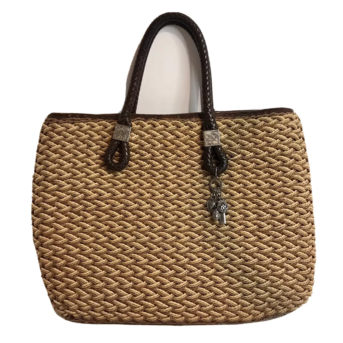 Brighton Woven TriColor Jute Straw Tote Bag Silver Charms Rita Paisley Lining