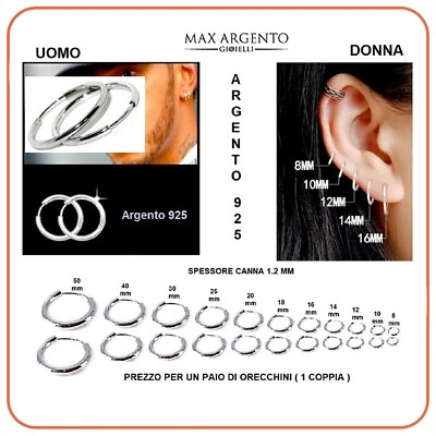 Orecchini Cerchietto Cerchio in Argento 925‰ Uomo-Donna Misure da 1.2x 8 A 50 mm