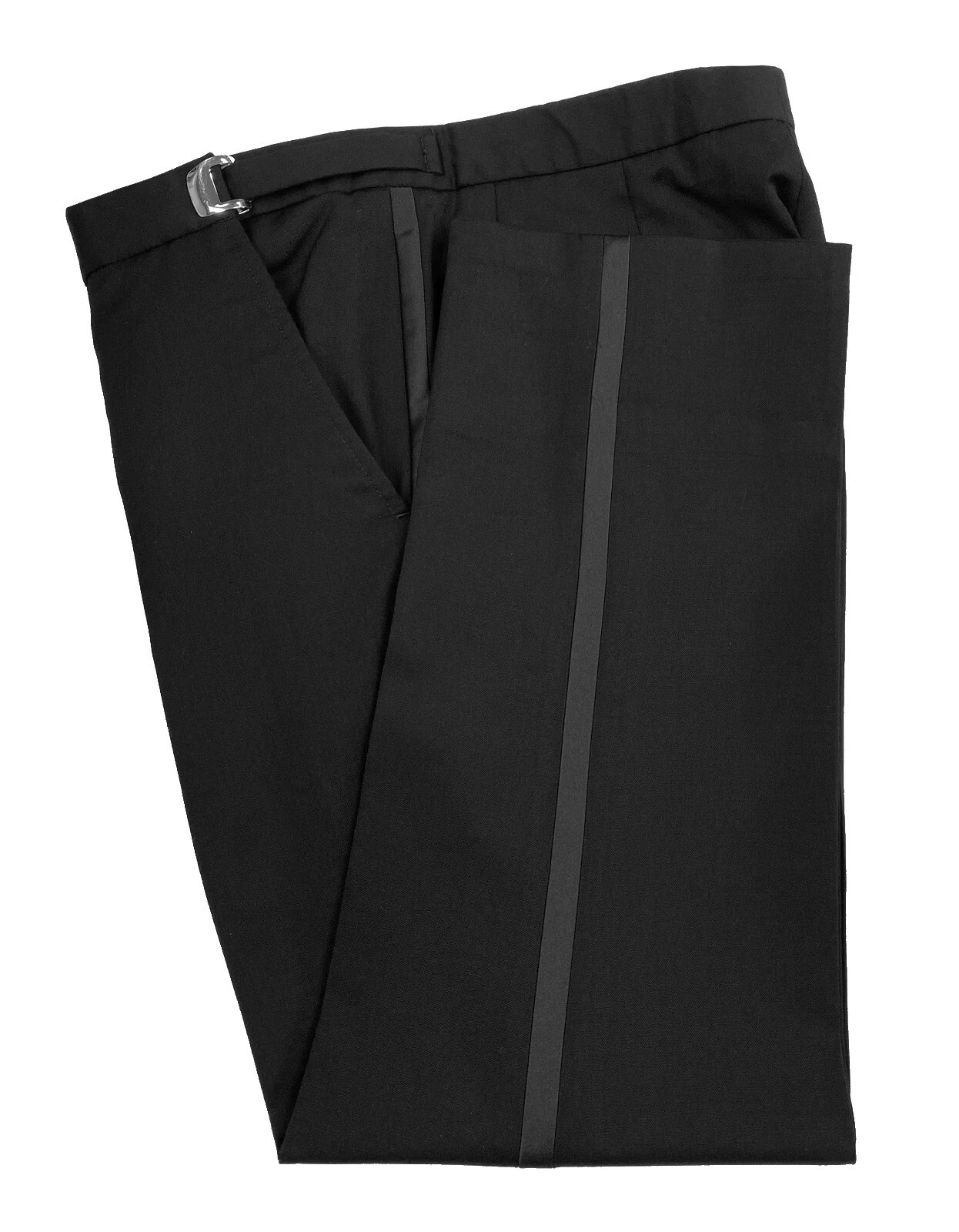 Black Tuxedo Pants 30–32” Adjustable Waist | Flat Front | Satin Stripe | Wool