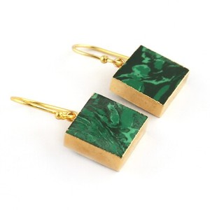 Authentic Natural Malachite Gold Plated Drop Dangle Earring Vintage Jewelry Birthday
