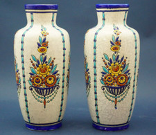 CATTEAU Charles Pair large vases Belgium Boch Frérès Relief decoration Deco 1900