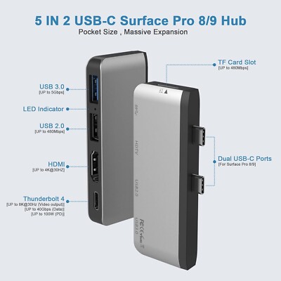 5in2 Schwarz Surface Pro8 Hub Adapter mit 4K HDMI UsbC UsbA TFCard DockingStation