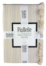 PiuBelle QUEEN Coverlet Beige Blue Stripe Cotton Made in Portugal Tassel Edge