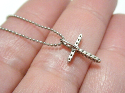 Colgante Cruz Pequeña Diamantes Oro Blanco 14k Vintage y Collar Cadena 16" Italia - Imagen 5 de 6