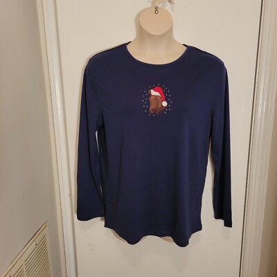 M&C Sportswear Plus Size 2X Navy Blue Soft LS Knit Top Horse Santa Hat Top EUC