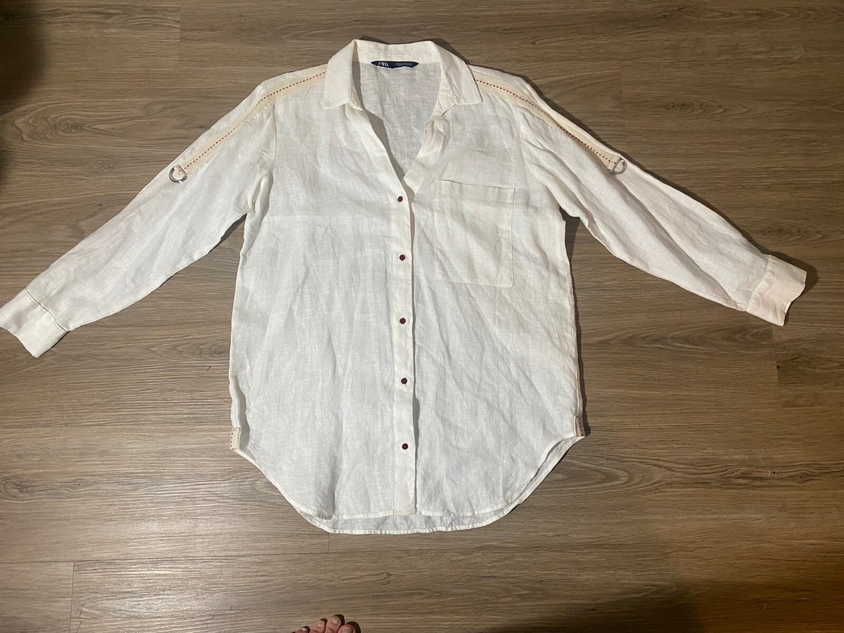 Zara White Linen Womens Long Sleeve Shirt Button Up Size XS/S
