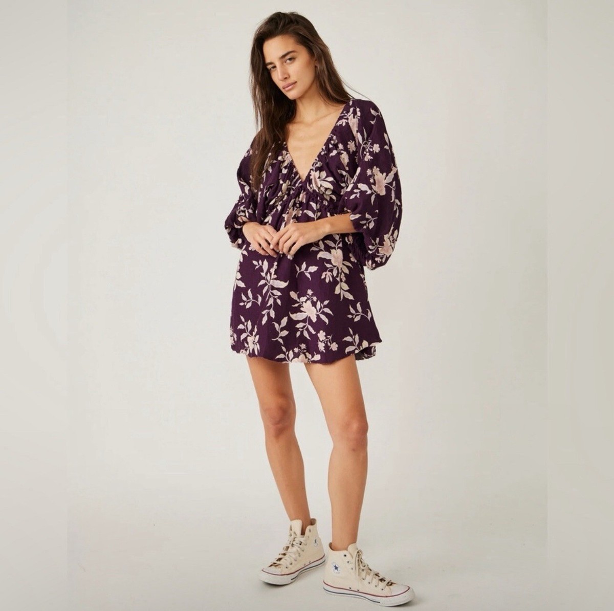 FREE PEOPLE Linen Blend Portia Printed Mini Dress Eggplant Floral XS