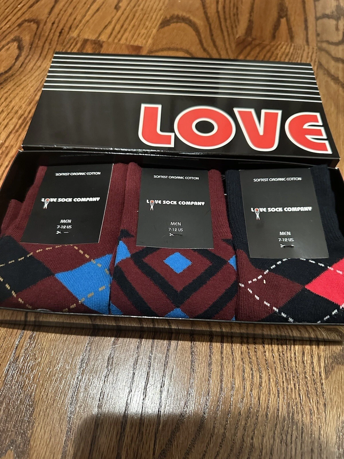 Love Sock Company Men's Red Argyle Cotton Casual Socks Size 7-12 - 3 Pack
