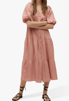 NEW MANGO PUFF SLEEVE 100% LINEN PINK LONG BUTTON DOWN DRESS M | eBay