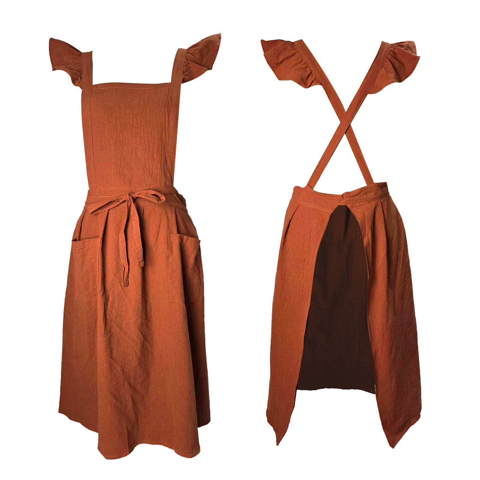Cotton Linen Aprons Cross Back Pinafore Work Dress with Pockets, Red eBay