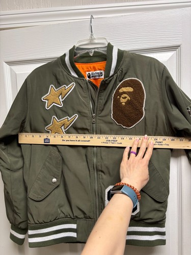 Vintage A Bathing Ape BAPE Varsity Bomber Jacket Green Orange Logo Japan Size S - Picture 22 of 24