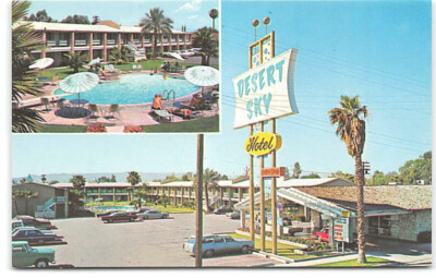Arizona-AZ-Phoenix-Desert Sky Hotel-Swimming Pool-Cars-Vintage Petley Postcard