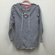 Joules Womens Sweatshirt Blue White Striped Lace Up Long Sleeve Notch Neck 8