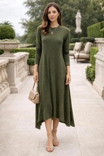 Olive Green Long Sleeve Midi Dress Crew Neck Asymmetrical Hem NWT Modest Suede