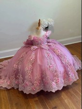 Flower Girl Dress With Bow Lace Applique Tulle Puffy Shiny Kids Birthday Party