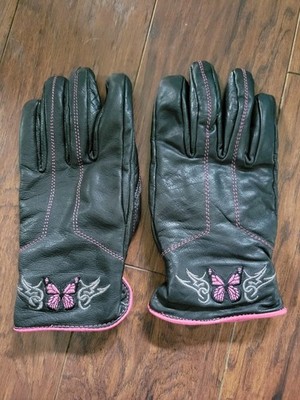 Pink Butterfly Women's Black Leather Gloves XL Motorcycle Excellent  Condition