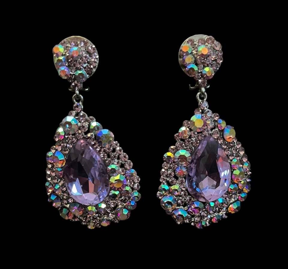 Purple Rhinestone Teardrop Clip-On Earrings