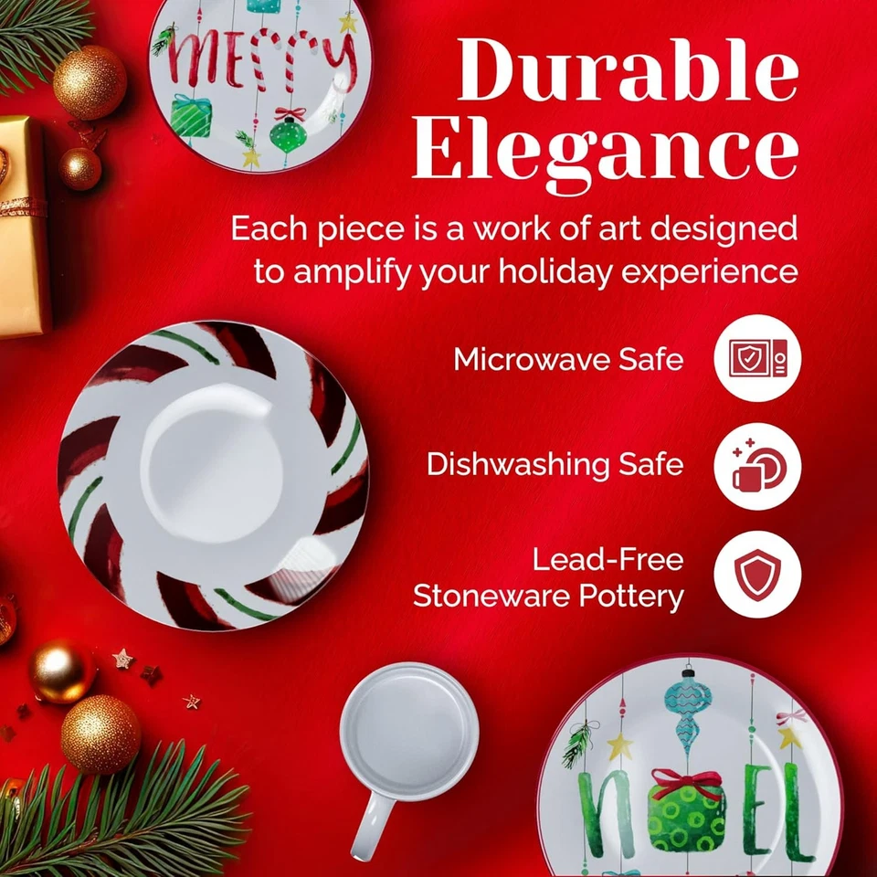 American Atelier 16-Piece Christmas-Themed Stoneware Dinnerware Set Green/Red  - Image 3 of 4