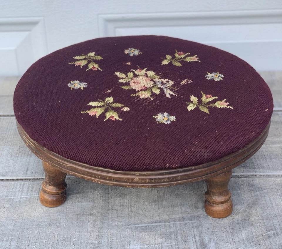 Vtg Needlepoint Wooden Foot Stool W/Floral Design Round W/Curved Legs 16”X6.5”T - Image 2 of 4