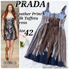 Archive Feather Print Silk Vintage Prada 2005 Taffeta Dress Size 42 JP Italy