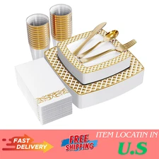 175 Ct Gold Dinnerware Set for 25 Guests - Square Plastic Plates with Diamond Ri