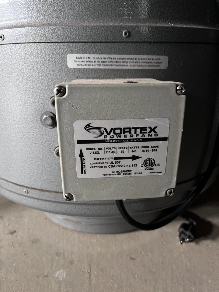 12” VORTEX POWERFAN VTX1200 INLINE DUCT BLOWER VENTILATION FAN - Image 2 of 2