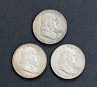 1955-D, 1962-D Franklin 90% Silver Half Dollars Circulated (3 coins) Lot #26F01