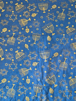 Vibrant Golden Menorahs Dreidels Stars Hanukkah cotton quilt sew fabric .72 yd