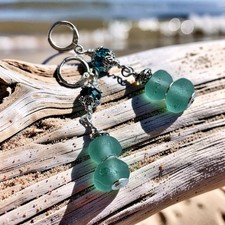 Aqua Java Sea Glass Dangle Earrings , Crystal Silver Wire Wrapped Leverback 2.5  