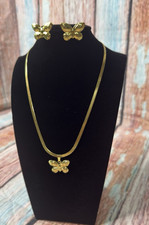 Gold Tone Stainless Steel Butterfly Jewelry Set Necklace Pendant Earrings
