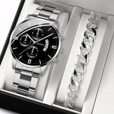 Luxury Men's Business Watch Bracelet Set Silver Steel Quartz Wristwatch Gift