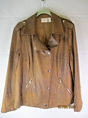 Chico's Cognac Sueded Gold Hardware Long Sleeve Moto Jacket Womens Size 2