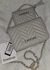 bebe Beige Quilted Crossbody Bag Wallet Chain Strap Gold Hardware