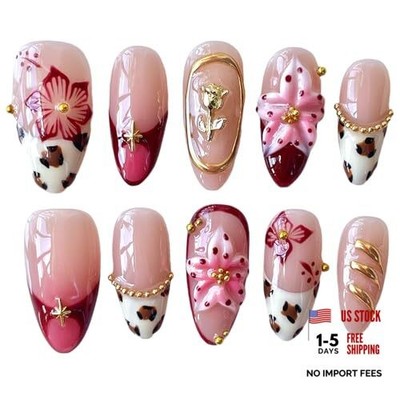 Handmade Press on Nailsedium Almond Shape, 3D Floral Design M Gilded Feline