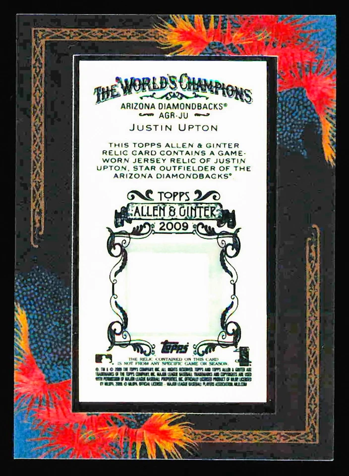 2009 Topps Allen & Ginter #AGR-JU Justin Upton Relics Arizona Diamondbacks - Image 2 of 2