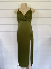 Zara Green Midi Dress Sateen Effect V-Neck Slit Detail XS Waist 22  Khaki Y527
