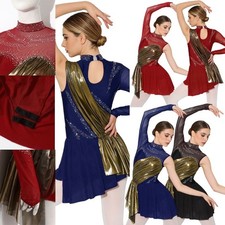 Women Dancewear Rhinestone Dress Long Sleeve Leotard Festival Celebration Dance