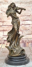 Signed Art Deco Bronze Violinist Woman Statue Classic Collectible Artwork Statue