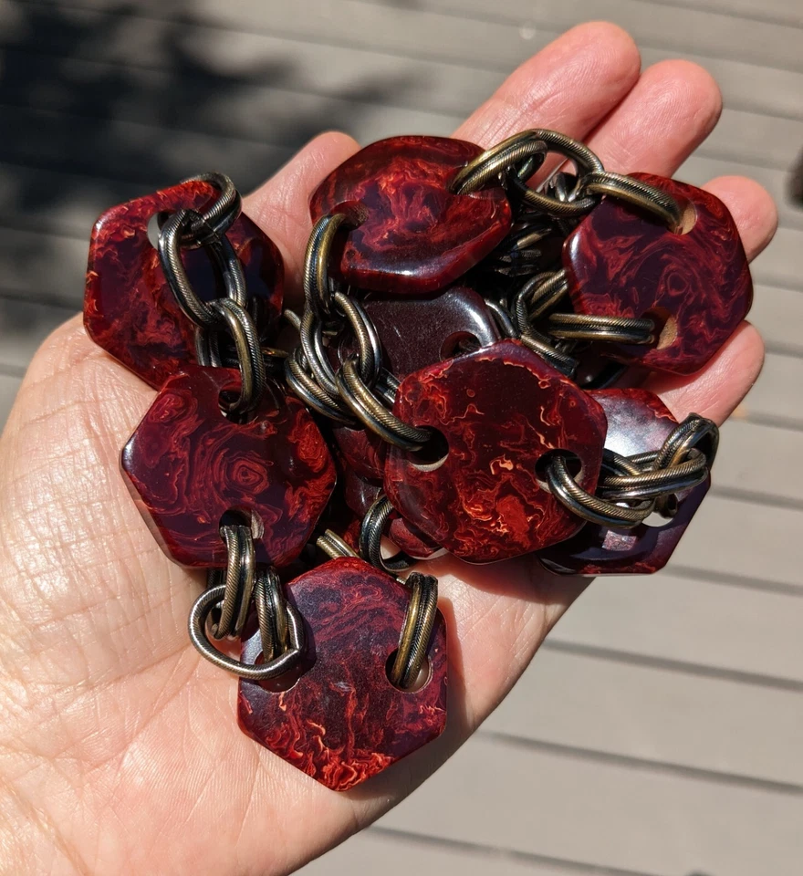Vtg YSL Bakelite Hex Marbled Red/Burgundy Swirl Brass Connector Belt Or Necklace - Image 2 of 4