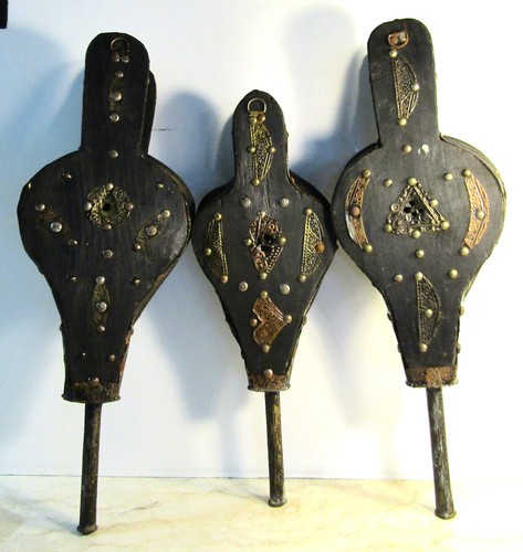 Set of Three Antique Moroccan Bellows Wall Decor Wood Leather Silver - Picture 7 of 11