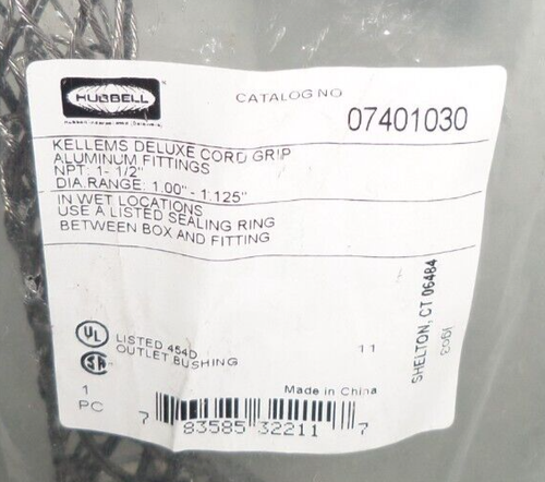 ⭐NEW IN BAG⭐ 1-1/2"Npt HUBBELL 07401030 CORD GRIP KELLEMS 1.00-1.125" - Picture 6 of 11