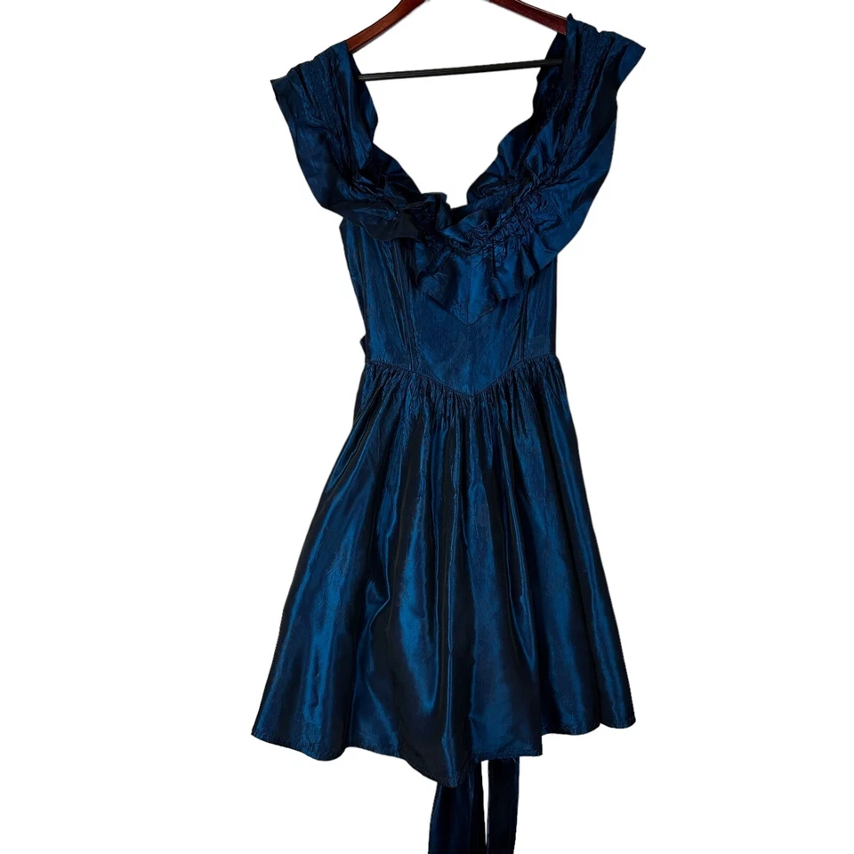 Vestido GUNNE SAX Vintage Años 80 Ajuste y Acampanado Volantes Metálico Azul Cobalto Talla 5 Foto 4 de 4