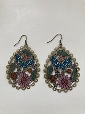 Boho Enameled Scallop edged Metal Hook Earrings Floral Butterfly