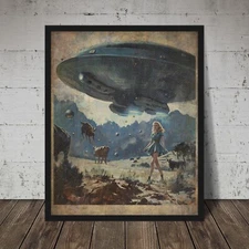 ALIEN UFO COW ABDUCTION Wall Art, UAP Sci-fi Farm Cattle Cryptid Cowgirl Poster