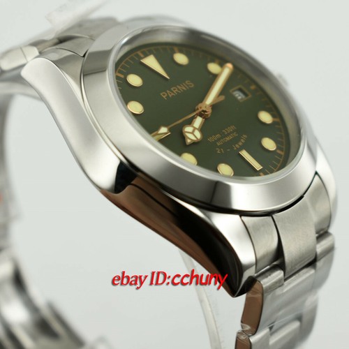 Parnis 40mm esfera verde luminoso cristal de zafiro reloj automático de fecha - Imagen 2 de 7