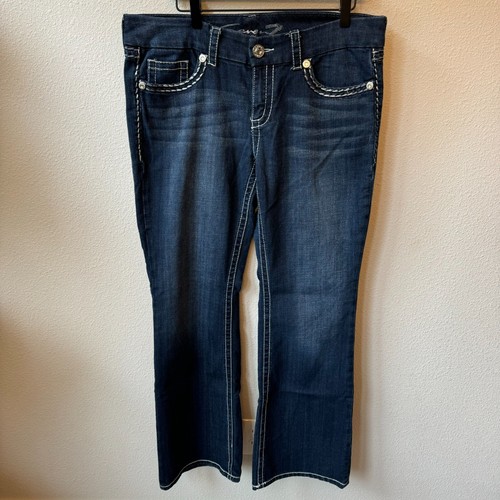 Seven7 Jeans Mid Rise Boot Cut Thick Stitch W35xL33 Dark Wash Flare Whiskered - Picture 2 of 17