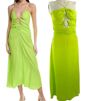 Farm Rio Kleid Midi Lindgrün Satin Cut Out Ausgehen Sommer Schlupfkleid UK 4