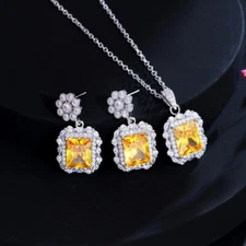 Super Yellow Topaz CZ Flower Square Drop Pendant Necklace Earrings Jewelry Set