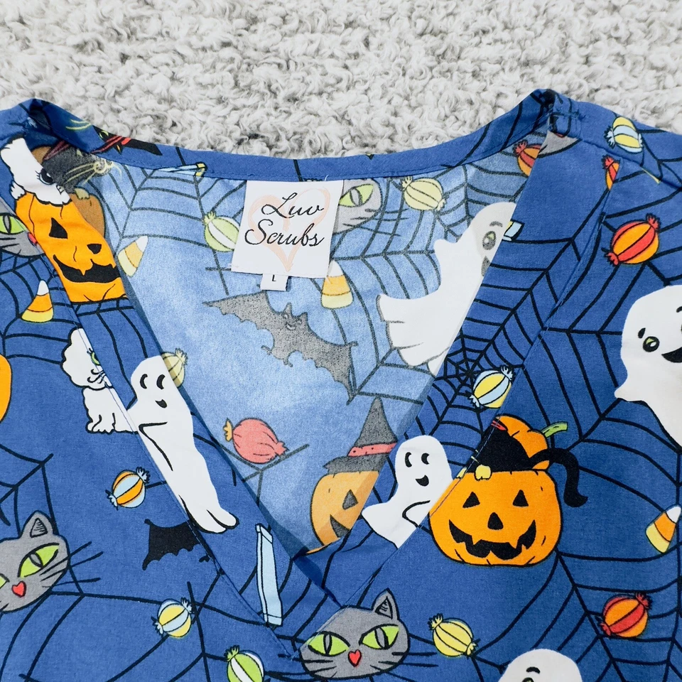 Luv Scrubs Scrub Top Unisex Size Large Halloween Pumpkins Ghosts Cats Bats Web - Image 2 of 4